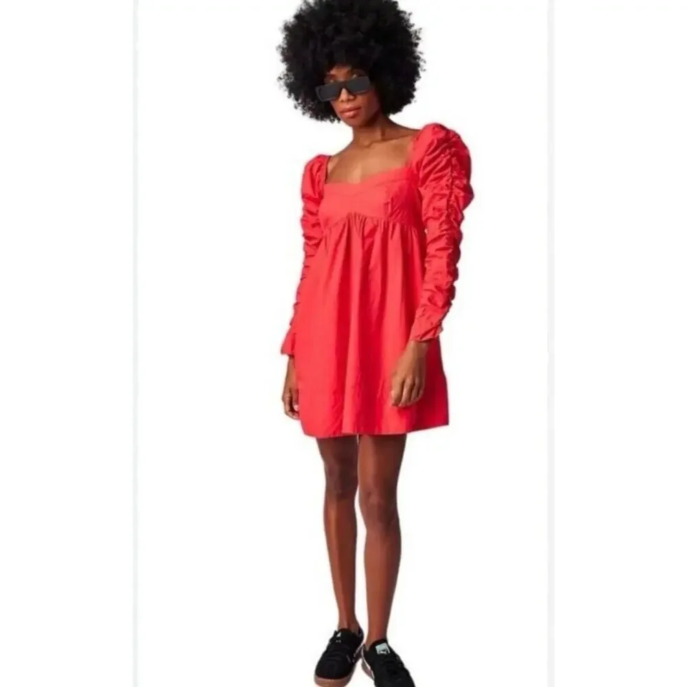 NWT Free People Lindsay Rose Babydoll Dress Red Ruched Puff Sleeves XS - Picture 1 of 7